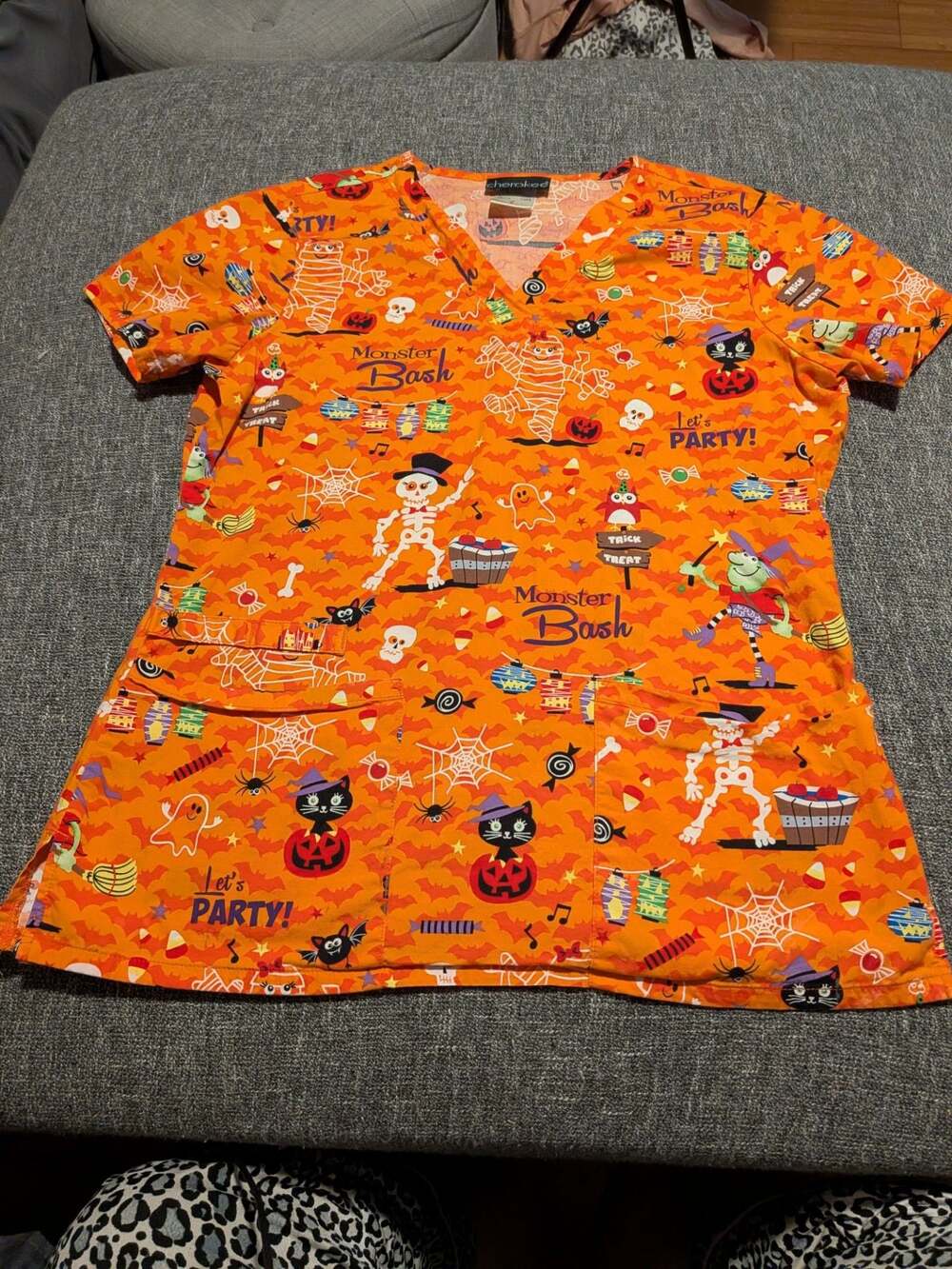 Cherokee Monster Bash Halloween Print V-Neck Scrub Top